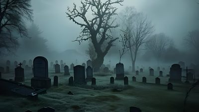 a graveyard with tombstones and trees in the fog Halloween Graveyard Graveyard With Tombstones, Haunted Cemetery, Haunting Cemetery Landscape, dark slate gray