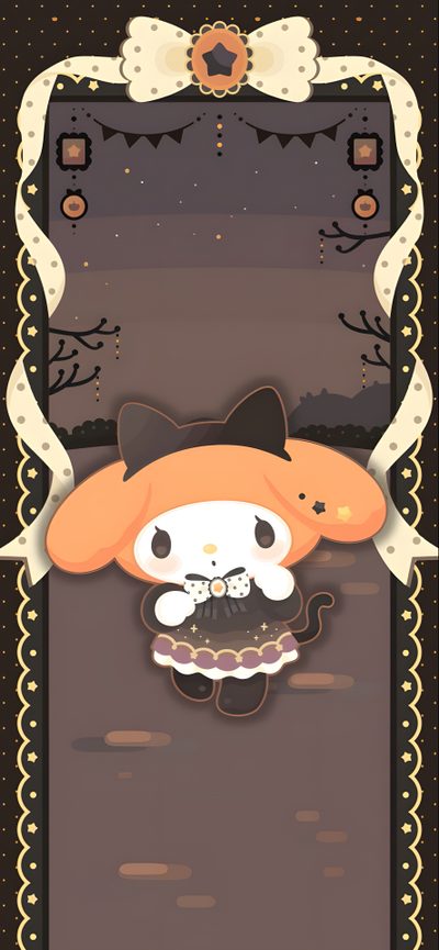 an animal with a bow on it's head is standing in front of a black background My Melody Halloween Cute Cartoon Character In Witch Costume, Black And Orange Theme Art, Cute Halloween Decoration Inspiration, dim gray