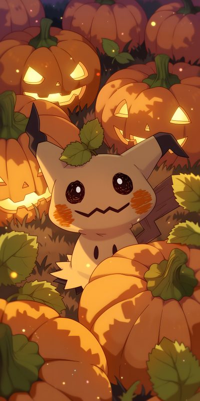 a cartoon cat surrounded by pumpkins with glowing eyes and leaves on it's head Pokemon Halloween Meowth Phone, Pumpkaboo Fanart, Cute Mimikyu Art, Mimikyu Fanart Cute, sienna