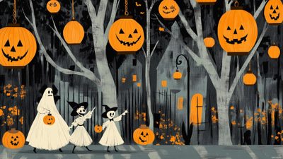 Retro Halloween wallpaper with vintage style trick or treaters wearing classic costumes like witches, ghosts, and skeletons, walking through a street lined with old fashioned lanterns, Retro style. Vintage Halloween Desktop Free Trick Or Treater, Halloween, Old Fashioned, Lanterns, Ghost, dark olive green