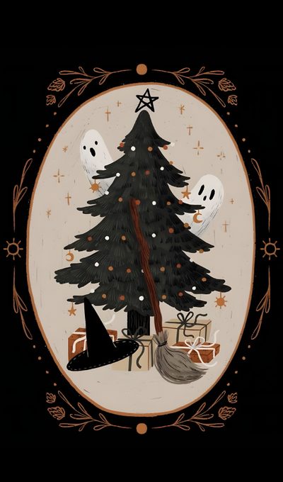 a decorated christmas tree with ghost on it Cute Halloween Christmas Cute Yule, Halloween Tablet, Spooky Winter Phone, Winter Witch Iphone, black