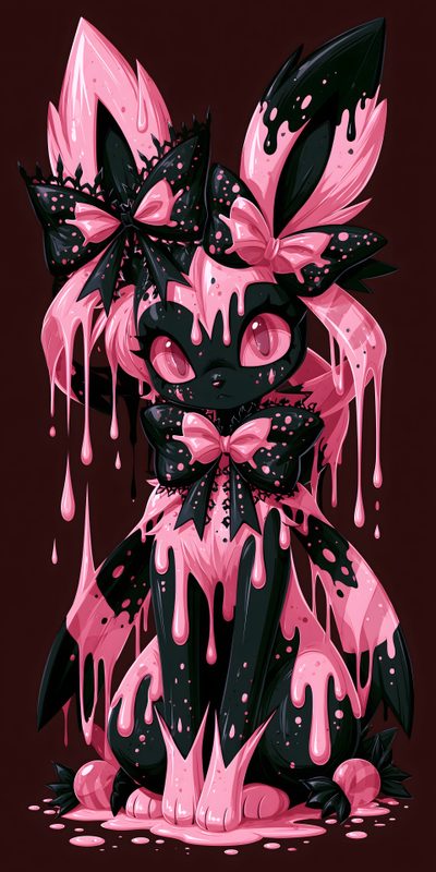 a pink and black cat with dripping paint on it's face, sitting in front of a dark background Halloween Sylveon Hd Pokémon, My Pokemon, Pokemon, black