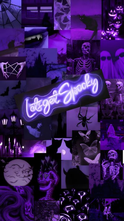 purple and black collage with the words ghost spooky written in neon lights Purple Edgy Aesthetic Halloween Gothic Purple Decor, Halloween Purple Aesthetic, Halloween Themed Room Inspiration, midnight blue