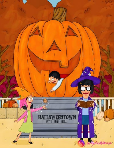 two children are standing in front of a pumpkin with a sign that says halloween town Bobs Burger Halloween Bobs Burgers Pumpkin, Bobs Burgers Jack O Lantern, Tina Belcher Pumpkin, dark goldenrod