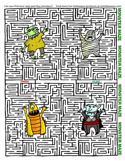 a maze game with animals and monsters in the center, which is filled with words Halloween Maze Otomi Embroidery Playmat Scary Maze, Halloween Maze, Halloween Worksheets, white