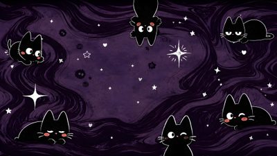 black cats with stars and swirls on a purple background Purple Halloween Ipad Ipad 4k Purple, Aesthetic Desktop Cat, Background For Desktop, black