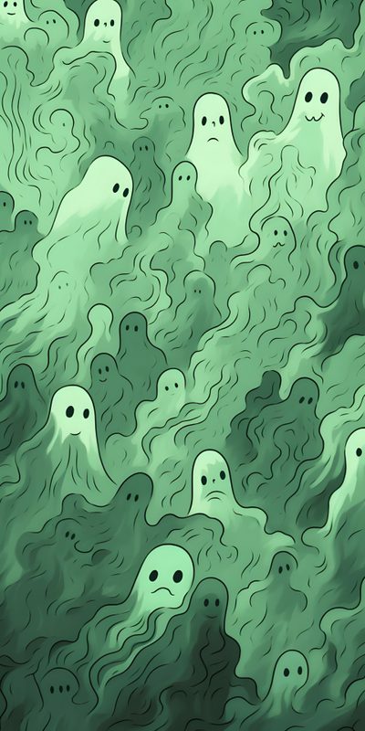 an abstract painting with green and black swirls on the bottom, while two white ghost faces appear to be floating in the air Cute Green Halloween Green Background Ghost Pattern, Ipad Halloween, Spooky Background,