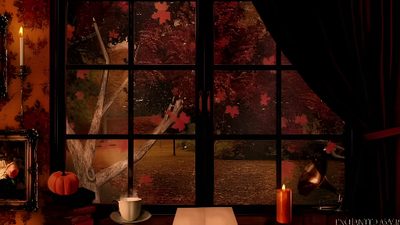 an open window in a room filled with fall leaves and pumpkins on the table Halloween Gif Pc Fall Through Window, Fall Scenery Through Window, Cozy Gif Background, Autumn Window, black