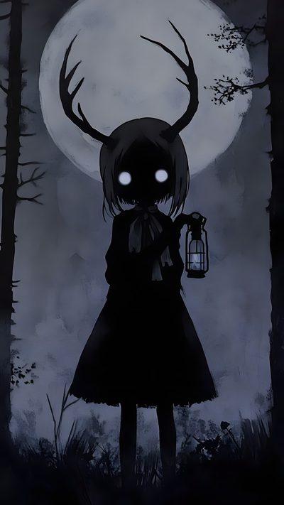 a girl holding a lantern in front of a full moon with deer horns on her head Halloween Scary Cute Girl Halloween Live, Amoled, Halloween Cute, Creepy Images, Emo Art, dark slate gray