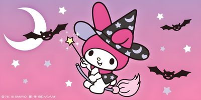 a cartoon character flying through the air with bats and stars on it's back My Melody Halloween My Melody Witch, My Melody Halloween Pfp, My Melody Halloween Icon, orchid