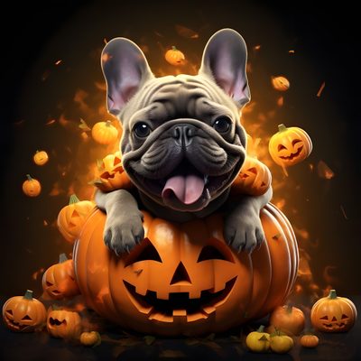 a french bulldog sitting on top of a pumpkin surrounded by jack - o'- lanterns Halloween French Bulldog Dog Caricature, French Bull, Frenchie Bulldog, Canvas Crafts, Puppy Clipart, black