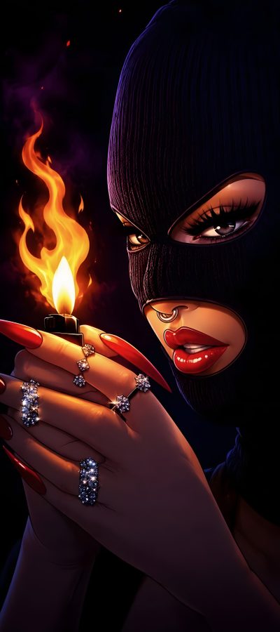 a woman holding a lit lighter in her hand and wearing a black mask on top of her head Halloween Baddie Art Iphone, Opposite, Crazy, Female Iphone, Dark Romance Pfp, Dope Images, black
