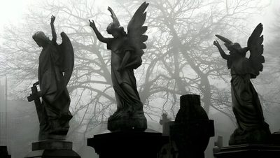 three angel statues are standing in the fog Gothic Halloween All Gray Grey By Angel Dark Angel Banner, Cry Of Fear Banner, Dark Heaven Aesthetic,