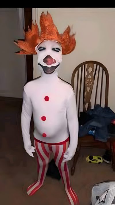 a creepy clown is standing in the living room Goofy Ahh Halloween Goofy Ahh Costumes, Goofy Ahh Halloween Costumes, Goofy Halloween Costume, dark olive green