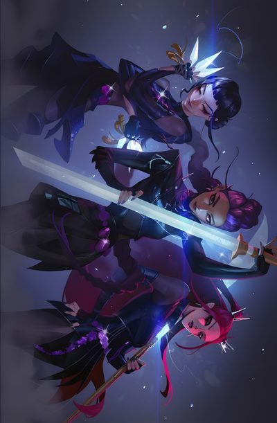 two anime characters with swords in their hands Kpdh Halloween Hunteix, Huntrix As Demons, Huntrix Poster, Kpdh, Demon Hunters Fanart, dark slate gray