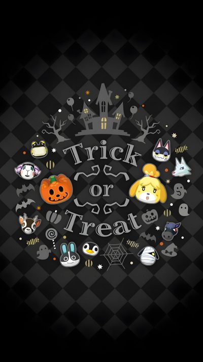 the trick or treat logo is surrounded by halloween decorations and pumpkins on a black checkered background Acnh Halloween Nintendo Halloween, Animal Crossing Fan Art, Animal Crossing Fall Phone, black