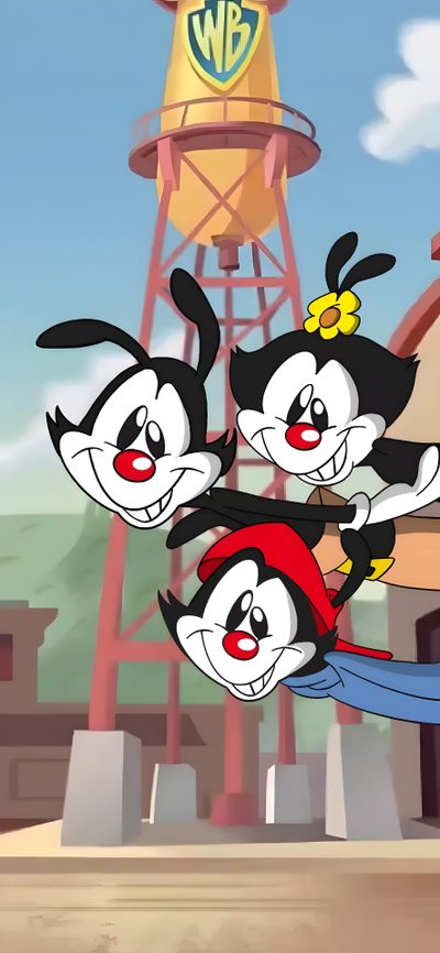 cartoon characters flying in the air near a building with a water tower in the background Halloween Animaniacs Yakko Warner, Animaniacs Background, Animaniacs Tower, dark sea green