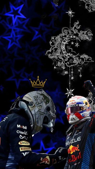 two men in racing gear shaking hands with stars and moon designs on the wall behind them Max And Tommy Halloween Max Verstappen, Formula 1, black