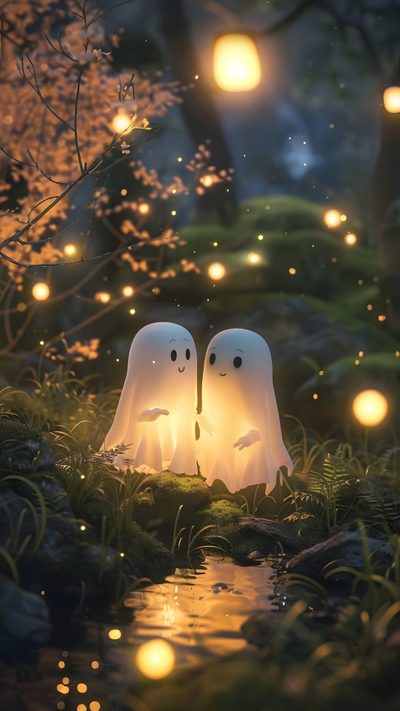 two white ghost figurines sitting on top of a moss covered field next to a pond Halloween Couple Iphone Good Night Ghost, Halloween Ghost Aesthetic, Halloween Aesthetic Ghost, dark slate gray