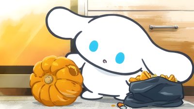 a cartoon character with a bag of gold coins in front of him and an orange pumpkin on the floor Cinnamoroll Halloween Gif Halloween Entertaining, Pumpkin Carving, Carving, Halloween, navajo white