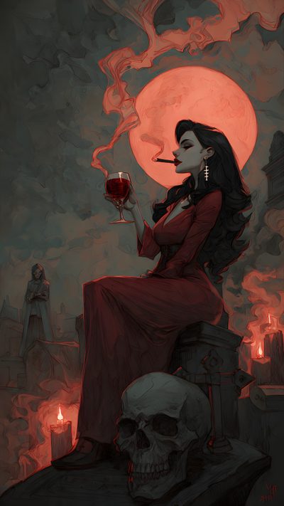 a woman sitting on top of a chair holding a glass of wine in front of a full moon Halloween Pinup Art Mistress, Red Witch Background, Wine Witch, Witches Art, Witch Woman Art, dark slate gray
