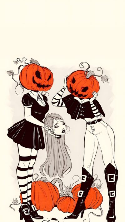 two girls dressed up as witches with pumpkins Pinup Halloween Pumpkin Head Reference, Female Pumpkin Head, Pumpkin Oc Drawing, old lace