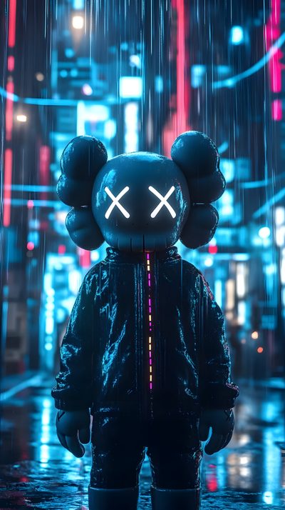 a teddy bear standing in the rain wearing a black jacket and neon lights behind it Halloween Kaws Kaws Photo, Kaws Art, Kaws Pictures, Kaws, Cool Kaws, Kaws Iphone Hd, dark slate gray