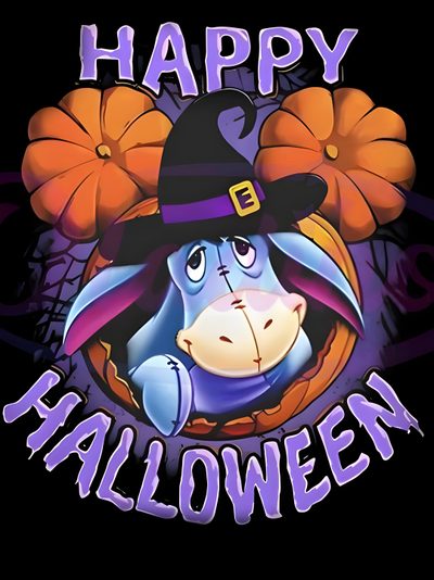 an animal wearing a witches hat and holding a pumpkin in it's mouth with the words happy halloween Eeyore Halloween Eeyore Thanksgiving, Eeyore Pumpkin, Eeyore Halloween, Goth Eeyore, dark slate gray
