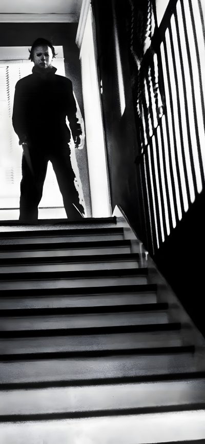 black and white photograph of man walking down stairs Halloween 1978 Horror Hd, Michael Myers Art, Halloween 1978, Scary, Halloween Film, dark slate gray