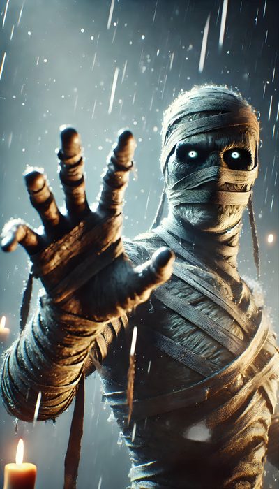 a creepy looking man holding his hands up in the rain Halloween Mummies Halloween Decoration Ideas, Halloween Spooky Scene, Mysterious Mummy In Rain, dim gray