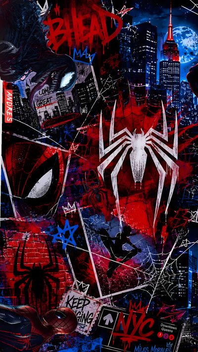 a spiderman poster with the city skyline in the background and graffiti all over it Halloween Spiderman Superhero Backgrounds, Spider Man Black Background, Spiderman Themed Background,
