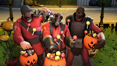 two men dressed in costumes holding pumpkins and wearing gas masks, standing next to each other Tf2 Halloween Pyro X Soldier, Tf2 Halloween, Tf2 Pyro X Engineer, Tf2 Pyro B Team Background, dark olive green