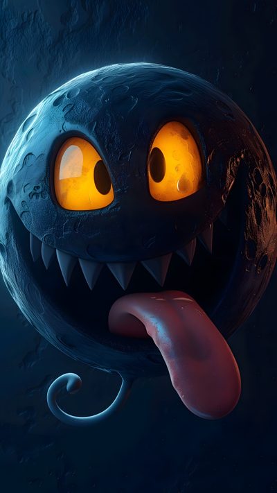 a close up of a cartoon character with its tongue out and eyes open, in front of a dark background Wrecking Ball Halloween 4k Cool 3d, Scary Cartoon, 8 Ball Monster, Scary 3d, Crazy Hd, black