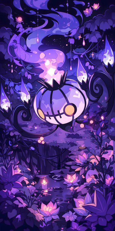 an image of a cartoon pumpkin floating in the air with flowers and leaves around it Pokemon Halloween Iphone Zubat Art, Garbodor Pokemon Art, Cute Purple Pokemon, dark slate blue