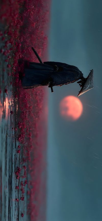 a boat floating on top of a body of water next to a red and blue sunset Ultrawide Halloween For Dual Monitor Portrait And Landscape, Hp Victus Laptop, Rog 4k, dark slate gray