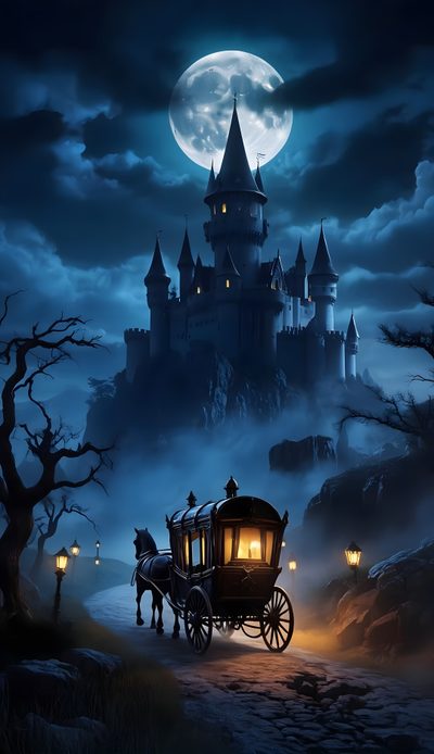 a horse drawn carriage in front of a castle at night with the moon behind it Disney Castle Halloween Castle Dracula, Dracula Castle Hd, Spooky Castle Hd, dark slate gray
