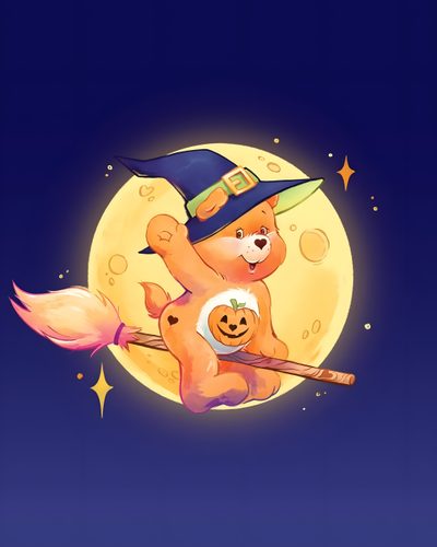 a teddy bear flying on a broom in front of the moon with a witch's hat Care Bear Halloween Carebear Halloween, Care Bear Halloween, Care Bears Halloween, midnight blue