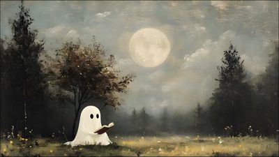 a painting of a ghost reading a book in a field with trees and the moon behind it Halloween Gost Laptop Aesthetic Vintage, Laptop Screen, Tv Screensaver Aesthetic, Halloween Computer, gray