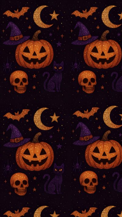 a black background with pumpkins and bats Halloween Glitter Iphone Holiday Iphone, Happy Halloween Pictures, Halloween Backdrop, Holiday, black
