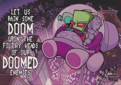 an image of a cartoon character flying through the air with a quote above it that says, let us radn't some boom upon the filthy heads of our Invader Zim Halloween Invader Zim Banner, Invader Zim Doom, Invader Zim Title Card, dim gray