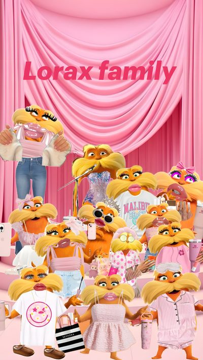 the lorax family is standing in front of pink curtains Preppy Lorax Halloween The Lorax, Disney Memes, Dr Pepper, Very Funny Pictures, light pink