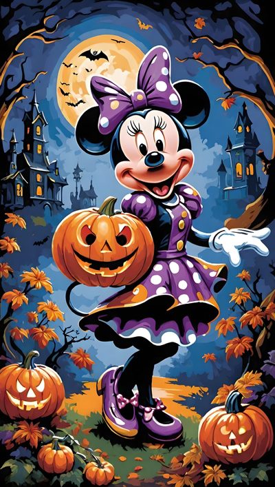 minnie mouse with pumpkins in front of a full moon Minnie Halloween Mickey Mouse Halloween Iphone, Disney Halloween Iphone, Minnie Halloween, dark slate gray