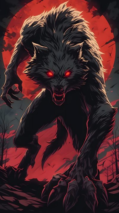 a wolf with red eyes and fangs on it's face walking through the woods Halloween Werewolf Cool Werewolf Art, Red Werewolf, Werewolves Art, Scary Werewolf, dark slate gray