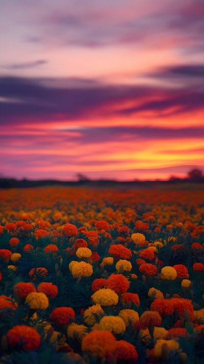 a field full of orange and yellow flowers under a purple sky Halloween Marigold Pretty Flowers Pictures, Flower Background, Memories Aesthetic, Arte Mexicano, brown