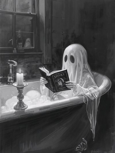 a black and white drawing of a ghost reading a book in a bathtub filled with bubbles Halloween Themed Bathroom Bathroom Ghost, Funny Ghosts, Spooky Reading Aesthetic, dark slate gray