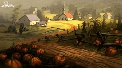 a painting of pumpkins on the ground in front of a country road and farm Halloween Farm Over The Garden Wall Pumpkin Village, Over The Garden Wall Setting, Over The Garden Wall Background, dark olive green