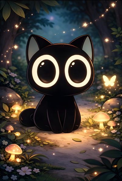 a black cat sitting in the middle of a forest with glowing lights on it's eyes Kawaii Halloween Halloween Kawaii Cute Black Cat Hello, Black Cat Pfp Cartoon, Black Cat Cartoon, dark slate gray