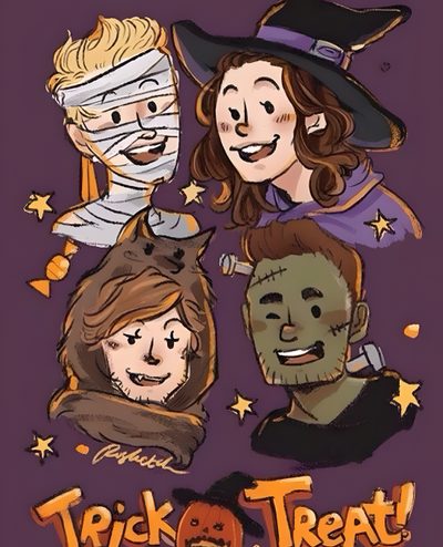 three people wearing halloween costumes with the words trick or treat One Direction Halloween One Direction Pumpkin Carving Ideas, Pumpkin Carving Ideas One Direction, One Direction Pumpkin Painting, dark slate gray