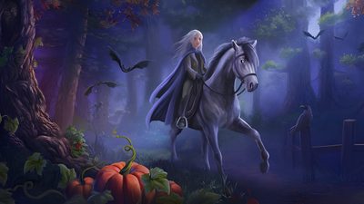 a painting of a woman riding on the back of a white horse through a forest Star Stable Halloween 1920x1080 The Legend Of Sleepy Hollow Art, Star Stable Online Logo, Headless Horseman Background, dark slate gray