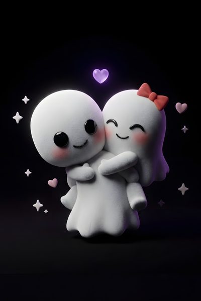 two little white ghost hugging each other in front of a black background with hearts and stars Halloween Love Couple Illustration, Couple, Kawaii Aesthetic, Romantic Couple Photography, black
